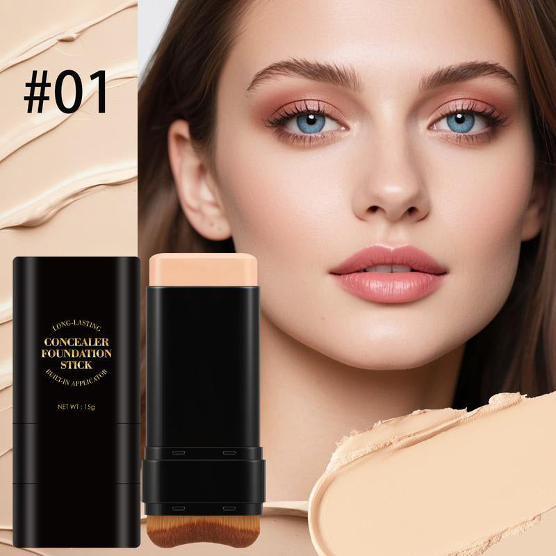 🔥 2-in-1 Foundation & Concealer Stick with Moisturizing, Lightweight & Built-In Brush