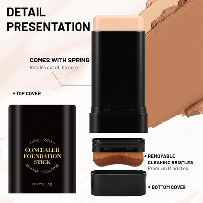 🔥 2-in-1 Foundation & Concealer Stick with Moisturizing, Lightweight & Built-In Brush