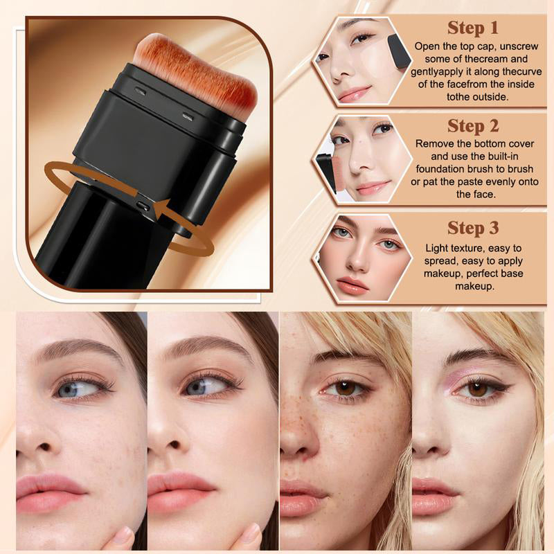 🔥 2-in-1 Foundation & Concealer Stick with Moisturizing, Lightweight & Built-In Brush